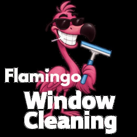 Pink cartoon flamingo wearing sunglasses holding squeegee with Flamingo Window Cleaning text on black background